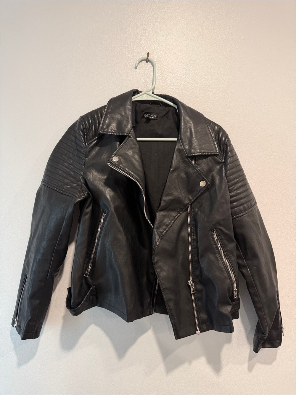 Topshop Black Quilted Shoulder Faux Leather Moto Jacket